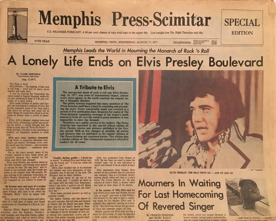 Memphis Press-Scimitar frontpage article on the death of Elvis Presley