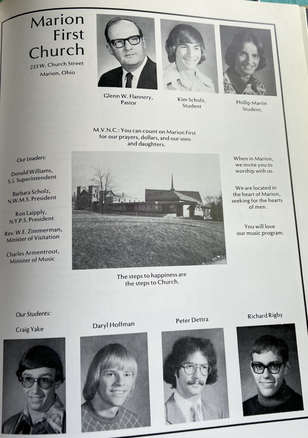 Marion First Church of The Nazarene's ad in the 1976 Enerazan, featuring photos of paster Glenn Flannery, Kim Scholz, Phillip Martin, Craig Yake, Darly (Schuyler) Hoffman, Peter Detra, and Richard Rigby