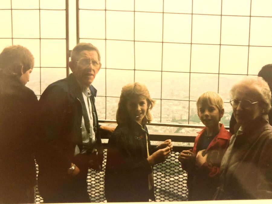 John G Hoffman and wife, Doris Hoffman, at the Eifler Tower in Paris with grandkids Kari and Chad 