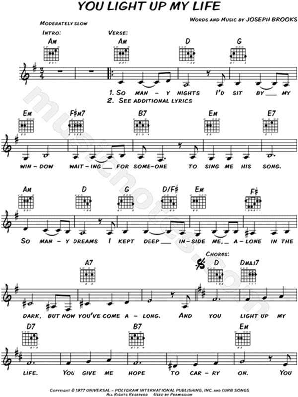 First page of the score to You Light Up My Life