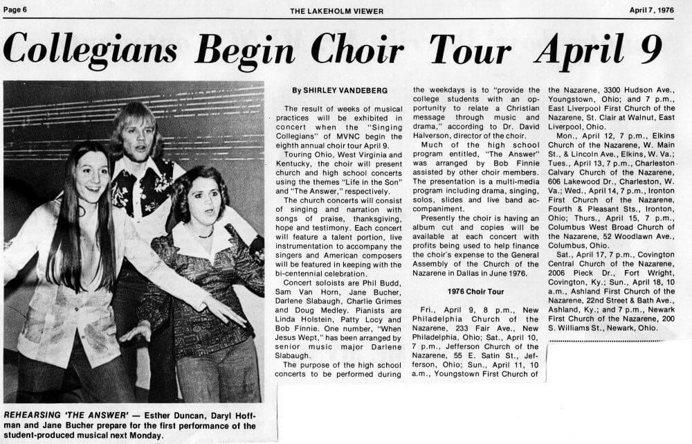 Newspaper photo of Daryl (Schuyler) Hoffman, Esther Duncan, and Jane Bucher for the announcement of the MVNC Singing Collegian's tour