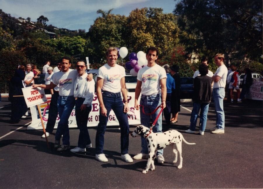 Sky Hoffman & Scott Zucker with their dalmation Shanti marching with PFLAG in Laguna Beach's Pride Parade