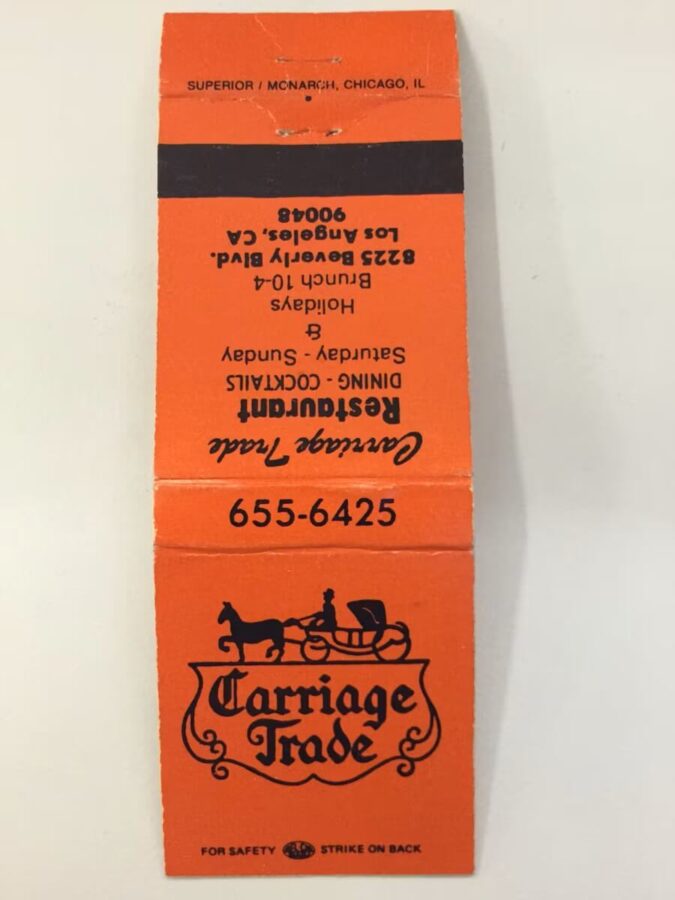 Vintage matchbook from The Carriage Trade restaurant in Los Angeles, California