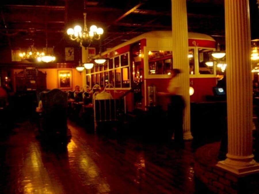 The cable car dining room in the Old Spaghetti Factory in Hollywood, CA