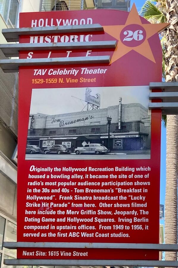 Historic marker for the TAV Celebrity Theater in Hollywood, CA