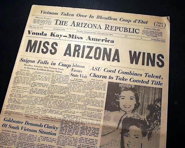 The Arizona Republic newspaper headline of Vonda Kay, Miss Airzona crowned Miss America