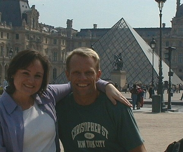 Lara Gustafson and Sky Hoffman at the Pyramid at the Louver in Paris, France