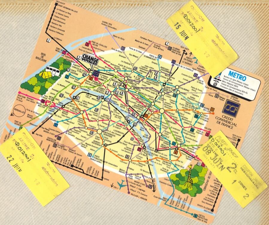 The Paris Metro map with souvenir tickets from Sky Hoffman's first trip to Paris, France