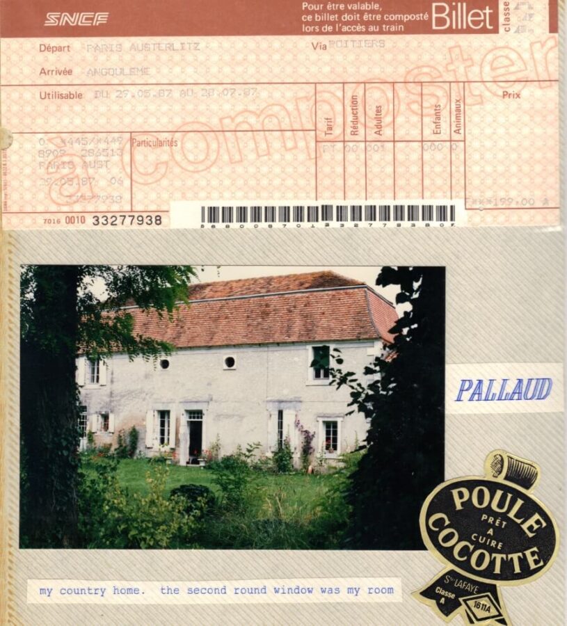 Train ticket and the stone manor house that Sky Hoffman stayed in in Pallaud, France