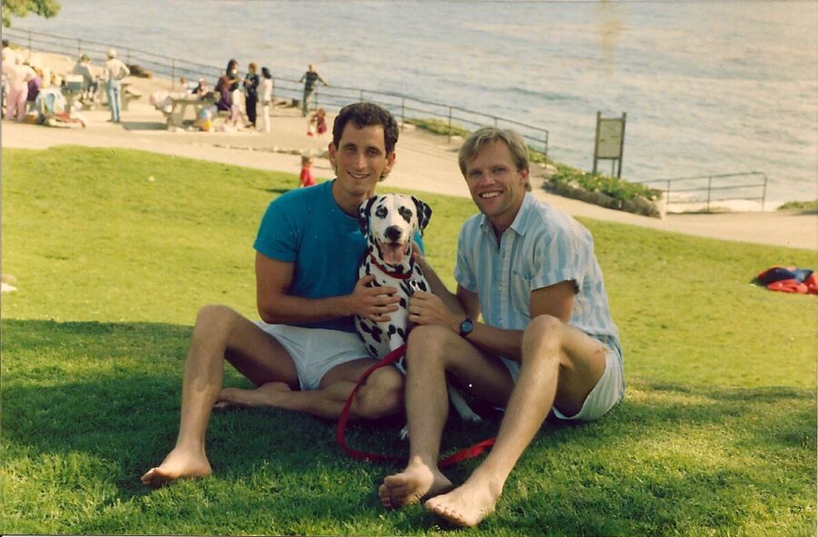 Scott Zuker & Sky Hoffman with their dog Shanti in Hisler Park in Laguna Beach