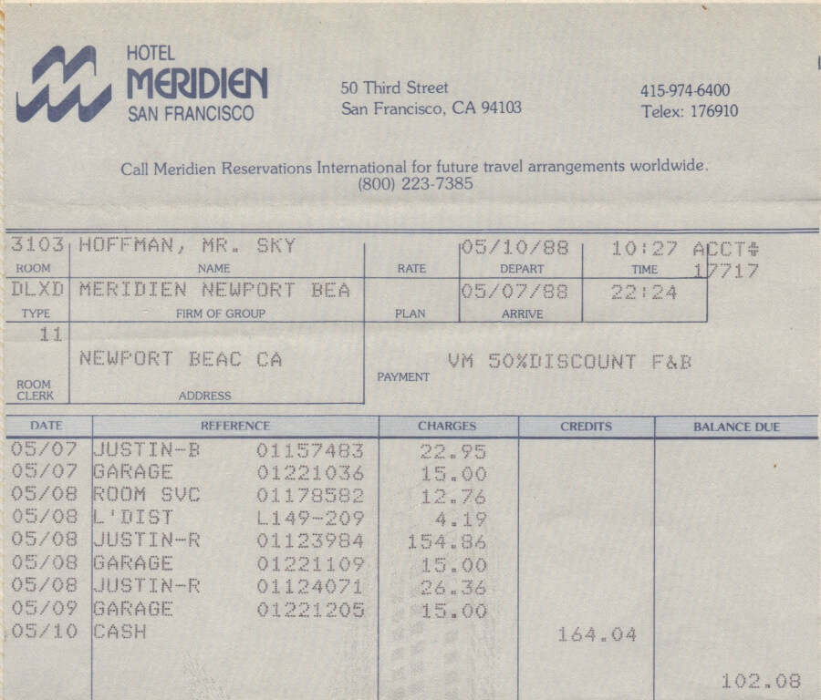 Bill for our stay at the Meridien in San Francisco 1988