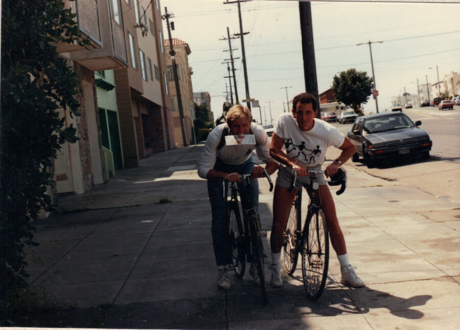 Sky Hoffman and Scott Zucker on bikes in San Francisco