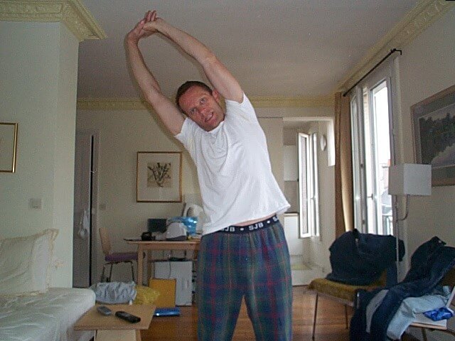 Schuyler Hoffman doing his morning workout in his apartment in Paris