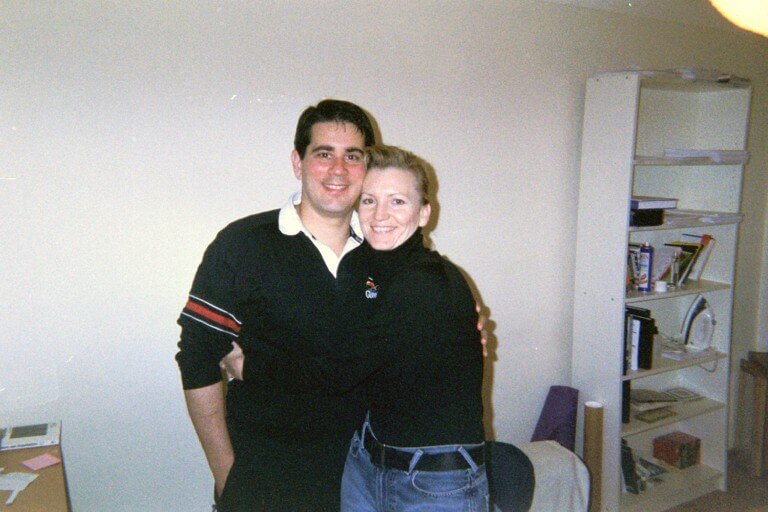 Friends Cameron and Christi in their London apartment